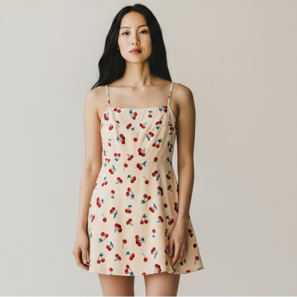 Cherry Print Spaghetti Strap Mini Dress Back Zip Closure Size Medium
